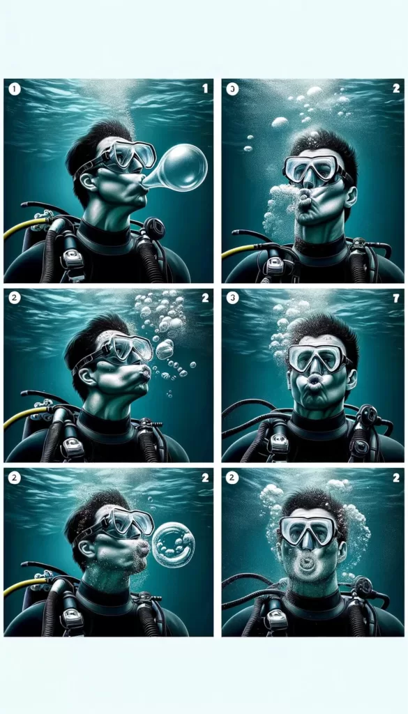 DALL·E 2024 01 09 10.25.34 Underwater sequence showing the process of blowing bubble rhow to blow a bubble ring